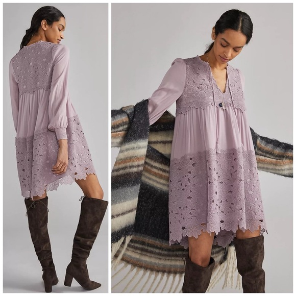 Anthropologie Dresses & Skirts - Anthropologie Lilac Embroidered Lace Tunic Women’s Ethereal Bohemian Dress Sz S